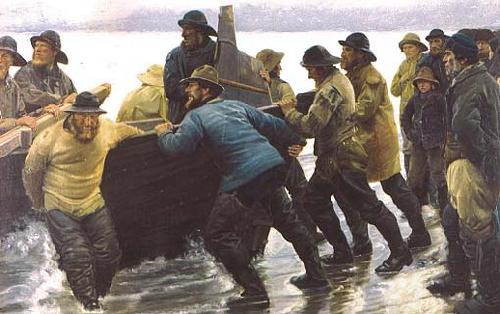 Michael Ancher Fishermen setting a rowing boat ashore oil painting picture